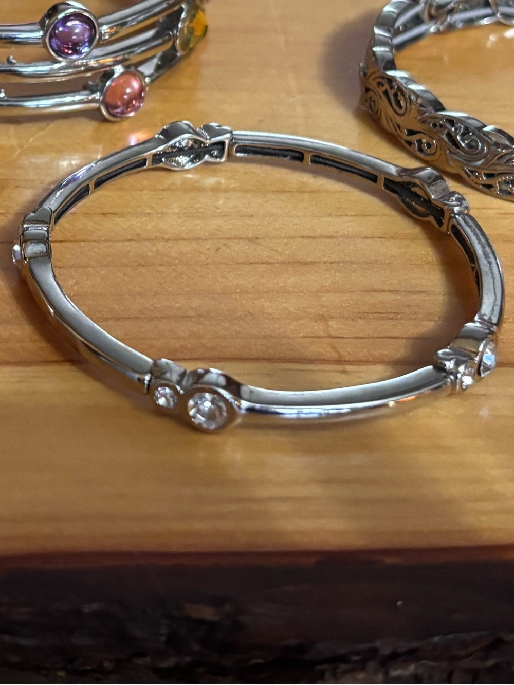 Lia Sophia Silver Rhinestone Hinged Bangle Bracelet